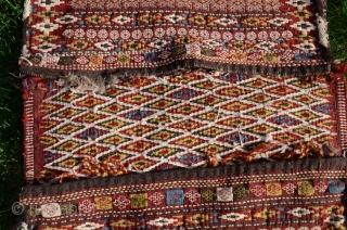 Rare antique flatwoven khorjin, Kalat-i-Naderi, 48" X 21". 19th C. Wool. Natural dyes. Fine condition for age.  Multiple weaving techniques- kilim, weft substitution, weft float, brocade. From a prominent eastern US  ...