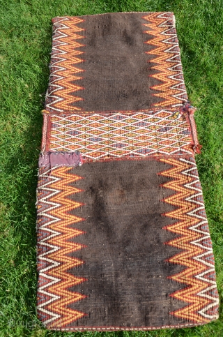 Rare antique flatwoven khorjin, Kalat-i-Naderi, 48" X 21". 19th C. Wool. Natural dyes. Fine condition for age.  Multiple weaving techniques- kilim, weft substitution, weft float, brocade. From a prominent eastern US  ...