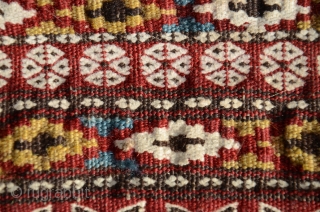 Rare antique flatwoven khorjin, Kalat-i-Naderi, 48" X 21". 19th C. Wool. Natural dyes. Fine condition for age.  Multiple weaving techniques- kilim, weft substitution, weft float, brocade. From a prominent eastern US  ...