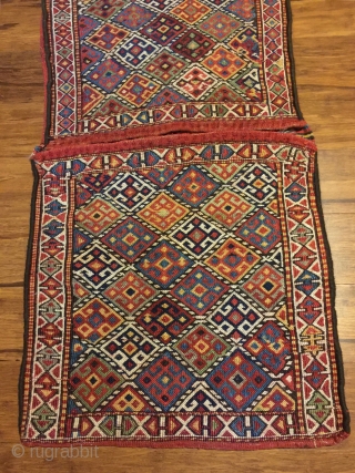Kordi flatwoven khorjin. 18”X36”. Early 20th C. Complete and in excellent condition. Wool.  Knotted weft wrapping. Beautiful natural dyes. Edges reovercast. Plainwoven red back.        