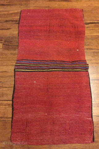 Kordi flatwoven khorjin. 18”X36”. Early 20th C. Complete and in excellent condition. Wool.  Knotted weft wrapping. Beautiful natural dyes. Edges reovercast. Plainwoven red back.        