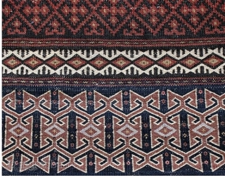 Kalat-e-Naderi (Afshari) flat woven khorjin, complete. 5'2" X 2'1" Circa 1920. Natural colors. Weft substitution design on face, undyed natural plain woven wool back. Excellent condition. Good price.     