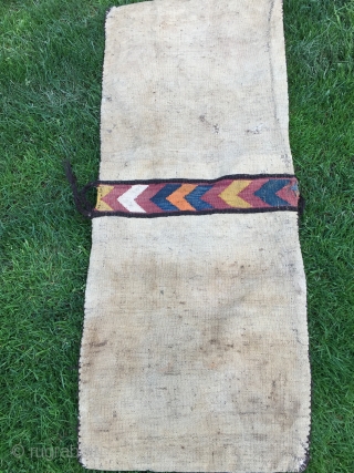 Baluch flat woven khorjin with camel train decoration. 48-1/2" X 19". First 1/3 20th C. Wool. Weft substitution weave in face. Plainwoven white back. Decorated bridge. Intact closure loops. Excellent condition.  