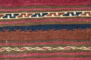 Large Baluch flat woven khorjin, 2nd. Q. 20th C. 64" X 34". Wool. Weft substitution designs on face, plain woven striped back. goathair fastening loops and edge wrapping intact. Excellent condition. No  ...