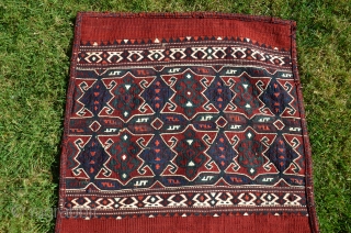 Rare antique Karayagci (Western Anatolia) heybe. 5'1" X 1'8". Circa 1900. Wool with cotton design elements. Deeply saturated natural dyes. Maintained in nearly perfect condition. For comparisons see Pinkwart and Steiner "Bergama  ...