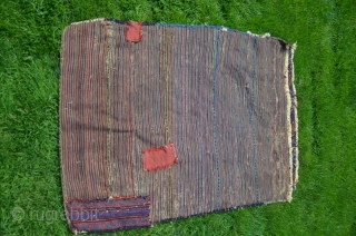 Antique Quchan Kurd grain bag.  3 ft. 6 in. X 2 ft. 5 in. All wool. Natural dyes Soumac front, Pretty plainwoven striped back with some funky tribal patches. Low price. 