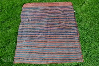 Antique Quchan Kurd grain bag. 2 ft. 8 in. X 2 ft. 6 in. Wool. Natural dyes. Soumac front and plainwoven striped back. Very good condition.       