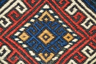 Antique  Azeri brocaded khorjin. 48" X 20" Late 19th C.Faces with brocaded geometric designs. Warm natural colors. Plainnwoven black back- black backs usually signify an early date.  Except for a  ...