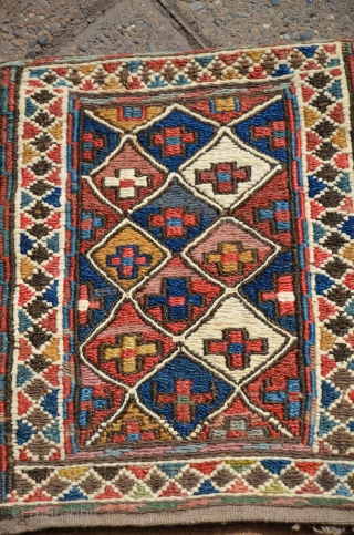 Shahsavan  chanteh khorjin. 16-1/2 in. X 7 in. All wool. 19th C. Soumac diamond and cross design in bright natural colors. Plainwoven back. Rejoined in bridge. Excellent condition with restorative patches  ...