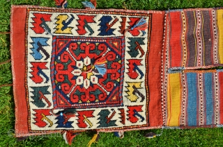 Antique West Anatolian (Kilaz) dowry pile heybe. 3 ft. 9 in. X 1 ft. 4 in. All wool. Bright natural dyes. Face in unblemished original condition. Striped back with stain, otherwise perfect.  ...