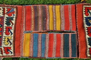 Antique West Anatolian (Kilaz) dowry pile heybe. 3 ft. 9 in. X 1 ft. 4 in. All wool. Bright natural dyes. Face in unblemished original condition. Striped back with stain, otherwise perfect.  ...