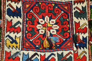 Antique West Anatolian (Kilaz) dowry pile heybe. 3 ft. 9 in. X 1 ft. 4 in. All wool. Bright natural dyes. Face in unblemished original condition. Striped back with stain, otherwise perfect.  ...