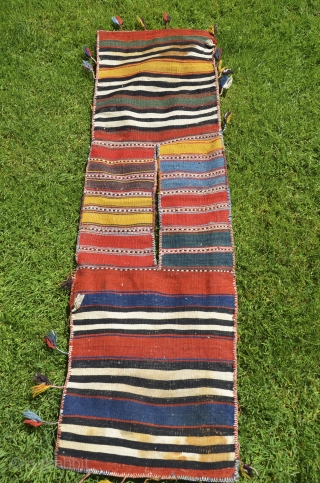 Antique West Anatolian (Kilaz) dowry pile heybe. 3 ft. 9 in. X 1 ft. 4 in. All wool. Bright natural dyes. Face in unblemished original condition. Striped back with stain, otherwise perfect.  ...