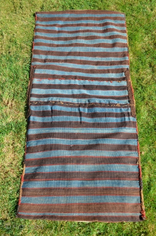 Caucasian Kazakh flat woven khorjin. 4 ft. 8 in. X 2 ft. 19th C. Wool. Natural colors. Excellent condition. Slitwoven with brocaded elements in bridge.        