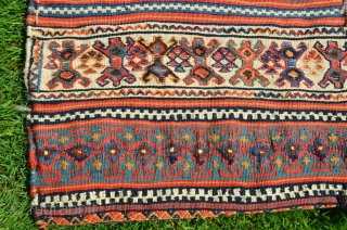 Qashqai rakkat. 44" X 22". Early 20th C. Wool. Beautiful natural dyes. Excellent condition. Rare piece (See PJR Ford article in ORR...most rakkats are Afshari).        