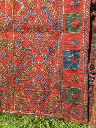 Kurdish brocaded khorjin. 54 in. X 24 in. Circa 1900. Wool. Natural dyes.  Striped plainwoven back. Fine condition. Bargain price.            