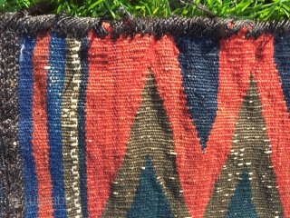 Antique Jabel Barez chanteh, 18”X14”, 19th C. Wool. Face in weft substutution weave. Serrated kilim back. A panoply of beautuful natural dyes. Goat hair wrapping. Good condition for age. Compelling tribal character.  ...