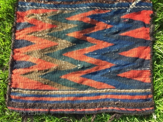 Antique Jabel Barez chanteh, 18”X14”, 19th C. Wool. Face in weft substutution weave. Serrated kilim back. A panoply of beautuful natural dyes. Goat hair wrapping. Good condition for age. Compelling tribal character.  ...