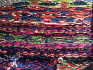 Antique Jabel Barez chanteh, 18”X14”, 19th C. Wool. Face in weft substutution weave. Serrated kilim back. A panoply of beautuful natural dyes. Goat hair wrapping. Good condition for age. Compelling tribal character.  ...