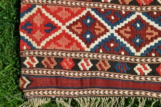 Manastir kilim yastik. 3'2" X 1'11-1/2". Circa 1900. Wool with white cotton design elements. Natural colors. Excellent condition.               
