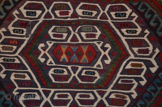 Malataya kilim heybe 56”X27”. Early 20th.C. Wool and cotton (white designs). Intensely saturated and beautiful natural dyes. Plainwoven striped back. Open along sides. Excellent condition.        