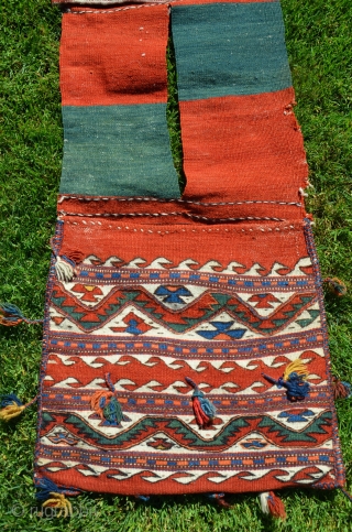 Western Anatolian kilim (farda) heybe. 47-1/2 in. X 14-1/2 in. Kilaz or Ezine region.Circa 1900-1910. Wool and cotton. All natural colors. Very good condition with original tassels.      