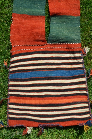 Western Anatolian kilim (farda) heybe. 47-1/2 in. X 14-1/2 in. Kilaz or Ezine region.Circa 1900-1910. Wool and cotton. All natural colors. Very good condition with original tassels.      