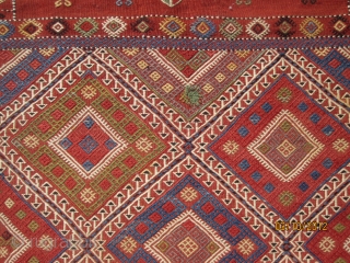 Magnificent Caucasian bag, circa 1880, with spectacular colors, great visual effect, in superb condition, measuring 2-6" x 5'-7" or 76 cm x 170 cm.  A great example of its kind.  