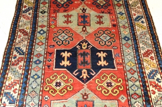 Kazak, antique, late 19th century, approx. 275 x 140.

Very beautiful and large Kazak rug, antique!

Shining wool! High pile! Lots of wonderful green! 

Certificate!          