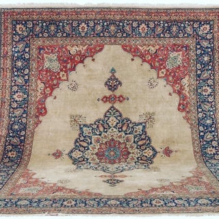 mint condition, camel hair and wool, late 19th century. 10x15 feet tabriz. signed diagonally , inconspicuous  " ALA BAFT ".
Renowned family of quality tabriz rugs. Rug stayed in such magnificent shape  ...