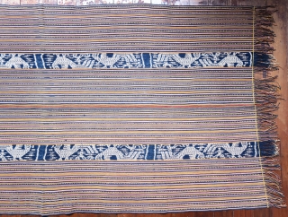 Timor | Men's cloth (beti) with ikat roosters | Indonesia

West Timor, Insana, Manufui, 1950s

Handspun cotton, natural indigo dye, warp ikat, commercial coloured thread (pinstripes), twining 

Description: An elegant vintage men’s cloth (beti)  ...