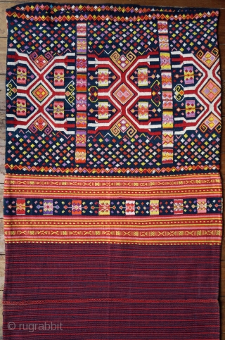 Timor Ceremonial Tubeskirt (Tais Mabuna)

Origin: Indonesia, West Timor, Amanatun Utara, Ayotupas area, 3rd quarter of 20th century

Technique: Handspun cotton base, natural indigo, commercial cotton and dyes, discontinuous supplementary weft wrapping (buna), alternating  ...