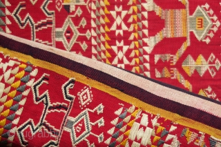 Borneo ceremonial carry-cloth (pua belantan)

Malaysia, Sarawak, Saribas region, 1950 or earlier

Cotton, silk, supplementary weft wrapping (sungkit)

A long solid red centrefield decorated at the ends in detailed silk sungkit, depicting two rows of  ...