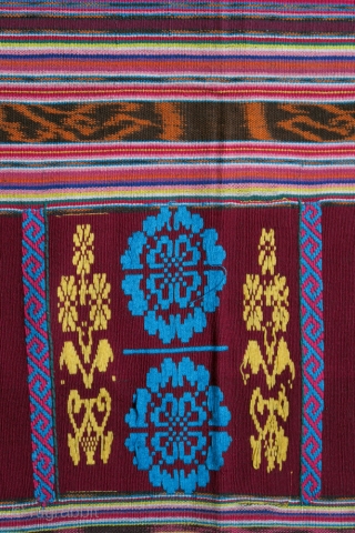 Timor Leste | Vintage festive tubeskirt lau o’o mimireke (‘red mouth cloth’)

Timor Leste, Baucau or West Lautem, 1970s

Warp ikat, supplementary warp weave, discontinuous supplementary weft

A festive red tubeskirt (lau o’o mimireke) woven  ...