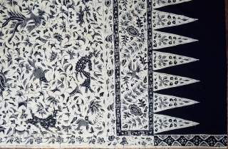 Javanese batik hipcloth (Kain Panjang)

Origin: Java, Cirebon, c. 1930

Technique: Commercial cotton, natural dyes, hand-drawn (tulis) batik

Description:  A very charming blue and white batik hipcloth hand-drawn in the court town of Cirebon  ...