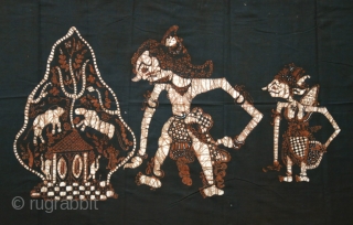 Javanese Batik Wall Hanging with Wayang Figures
 
Origin: Indonesia, Java, Jogjakarta, 1940 – 1960

Technique: Commercial cotton, mixed dyes, hand-drawn (tulis) batik

Description: A dramatic batik hanging from Jogjakarta, hand-drawn with wayang kulit (shadow  ...