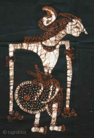 Javanese Batik Wall Hanging with Wayang Figures
 
Origin: Indonesia, Java, Jogjakarta, 1940 – 1960

Technique: Commercial cotton, mixed dyes, hand-drawn (tulis) batik

Description: A dramatic batik hanging from Jogjakarta, hand-drawn with wayang kulit (shadow  ...