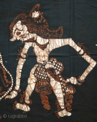 Javanese Batik Wall Hanging with Wayang Figures
 
Origin: Indonesia, Java, Jogjakarta, 1940 – 1960

Technique: Commercial cotton, mixed dyes, hand-drawn (tulis) batik

Description: A dramatic batik hanging from Jogjakarta, hand-drawn with wayang kulit (shadow  ...