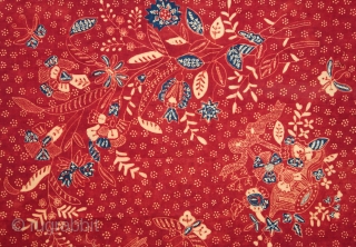 c. 1900 Javanese batik sarong

Origin: Indonesia, Java, Lasem, c. 1900
 
Technique: Commercial cotton, natural dyes, hand-drawn (tulis) batik
 
Description: A batik sarong hand-drawn in Lasem on the north coast of Java, of  ...