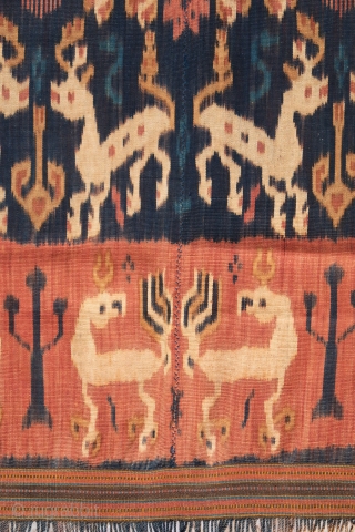 Sumba | Ikat Men’s Mantle with red dye (Hinggi Kombu)
 
Indonesia, East Sumba, Rende, before 1970

Handspun cotton, natural dyes, warp ikat, surface painting, twining

A gorgeous men’s mantle (hinggi) from Rende in east  ...