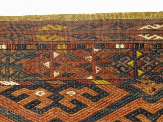 Env. 118205. Turkmen Ersari Sumakh torba. Complete with back and tassels. Size is 1'4" by 4'4".                 