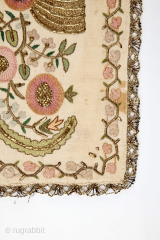 Early 1800’s Ottoman embroidered handkerchief/towel. Silk and metal thread on linen, with metal lace edge. 59 x 29 cm              