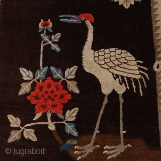 Early 1900’s rare brown Chinese Baotou rug. In very good condition. Pictorial deer and crane pattern. Size: 143cm x 75cm/ 4'8.3 x 2'5.53          