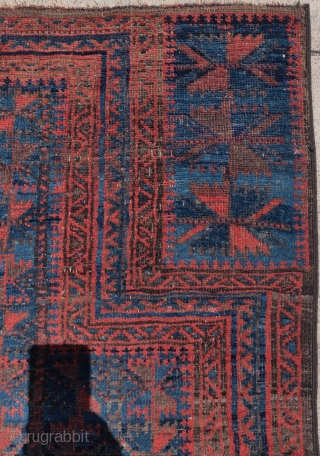 Baluch prayer rug with true polychromatic blue, small format. They started at the bottom with a single tree design and then changed to many trees in the field. selvedge is not original  ...