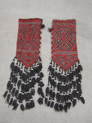 Excellent PAIR of Central Asian wool felt Okbash. Original lining, complete animal hair tassels, super condition! Size 12"x25" (44" w/ tassels).            