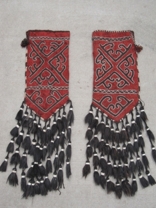 Excellent PAIR of Central Asian wool felt Okbash. Original lining, complete animal hair tassels, super condition! Size 12"x25" (44" w/ tassels).            