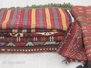 Ersari Ghadjari cover. 5'7"x5'8" (170x172cm). Floor ready, perfect condition, seven colors, has that tight shiny wool you want in this genre. Ersari - you read right - not Uzbek.  Ghadjaris (warp  ...