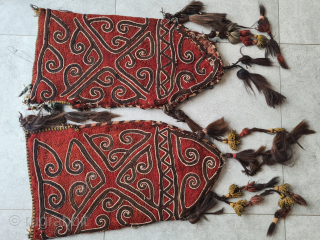 Two interesting antique Kyrgyz Okbash bags with great patterns. Processed using a brocade technique. The red background looks like felt. The bag is reinforced from the inside. An interesting processing technique. The  ...