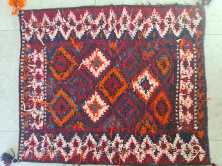 Tribal Sofreh kilim of the Lurs or Bakhtiari from southwestern Persia. Handwoven from wool with cotton sections. Good condition. Side borders made of goat hair. 108 x 92 cm
Please contact me only ...