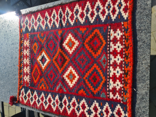 Tribal Sofreh kilim of the Lurs or Bakhtiari from southwestern Persia. Handwoven from wool with cotton sections. Good condition. Side borders made of goat hair. 108 x 92 cm
Please contact me only ...